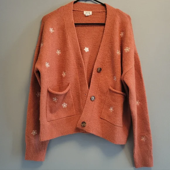 A.N.A Rust Floral Button Front Cardigan Sweater Womens Medium Fall Cozy Top - Picture 3 of 8